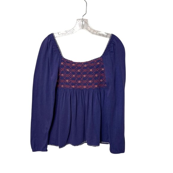 Anthropologie C. Keer Boho Embroidered Smocked Blurple Peasant Blouse Size Small - Picture 2 of 5
